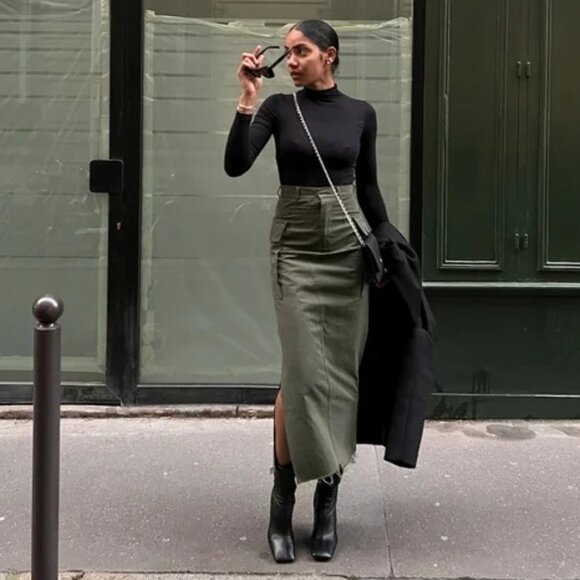 Local European Cargo Maxi Skirt Raw Hem Side Slit Utility Pockets Olive XS NWT - Picture 1 of 12